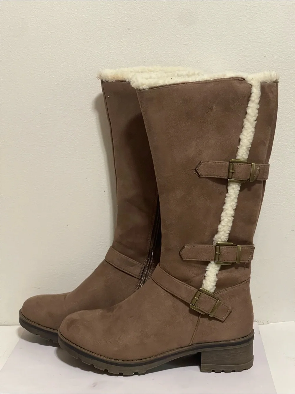 Women's Brown Faux-Suede Shearling-Trim Winter Boots